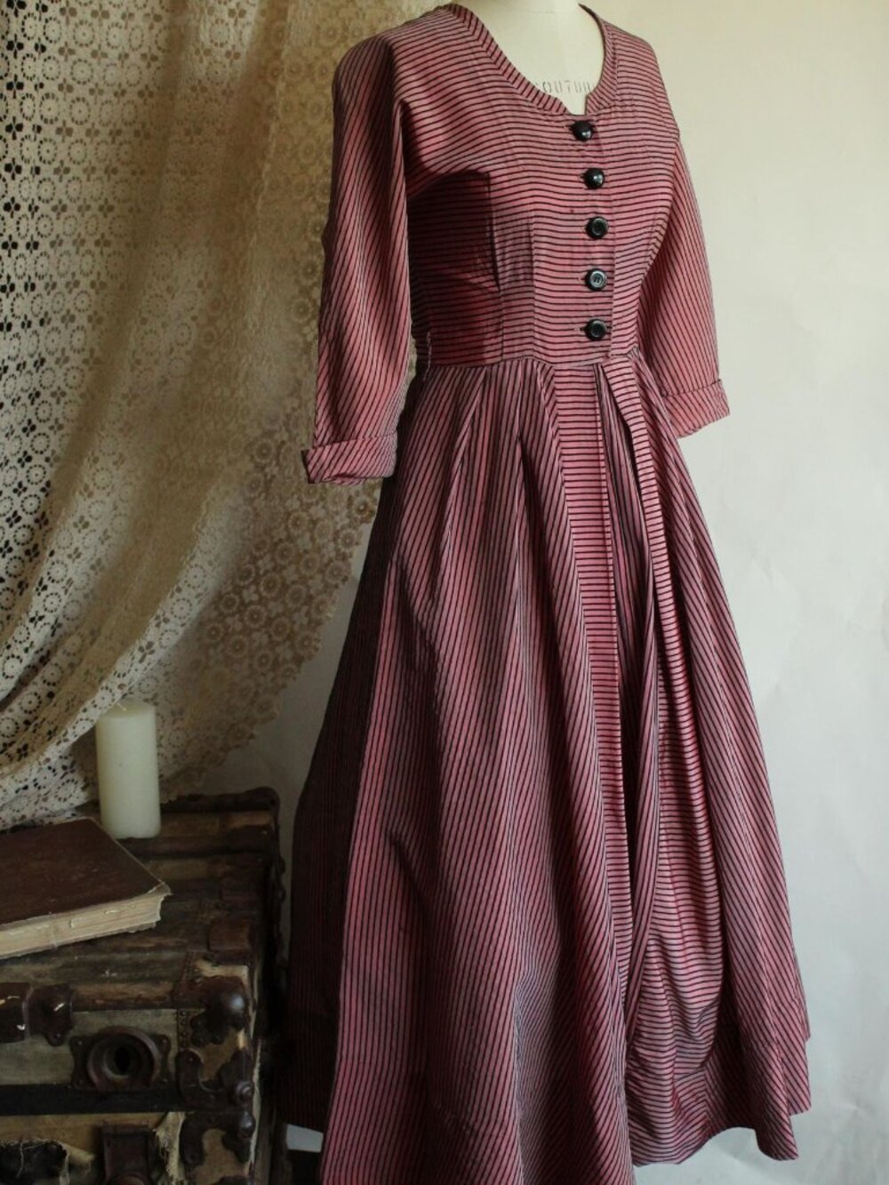 Vintage 1940s Dress, Dolly Myers Inc Pink and Black Striped Silk New Look, Full - Picture 9 of 16